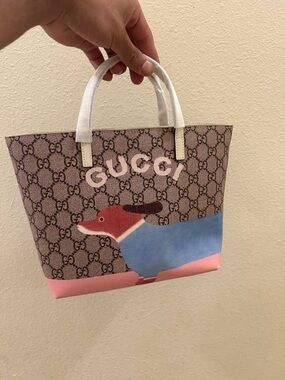 Gucci Brown GG Canvas Tote with Pink and Blue Dog Motif